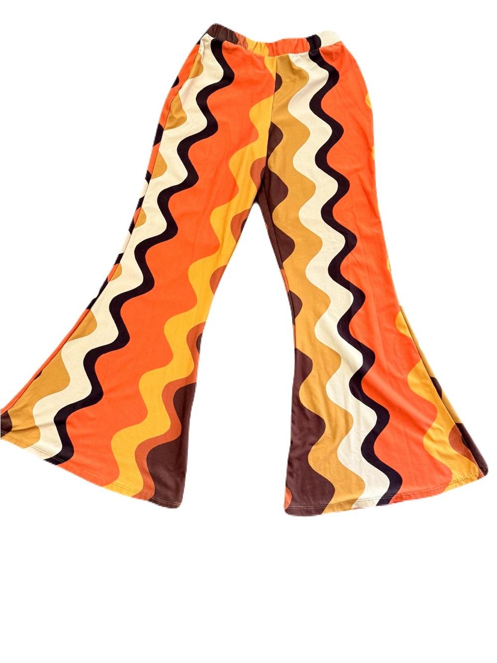Retro Wave Flared Pants in Orange, Yellow & Brown- the chain design